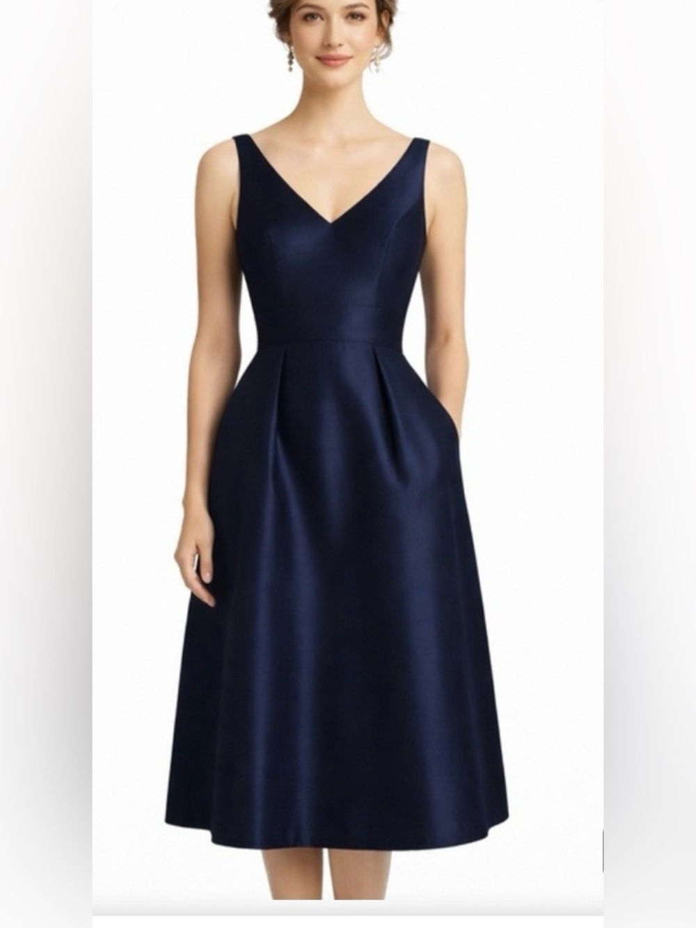 ALFRED SUNG D768 Midnight Blue Satin Twill V Neck Cocktail Party Dress Pockets